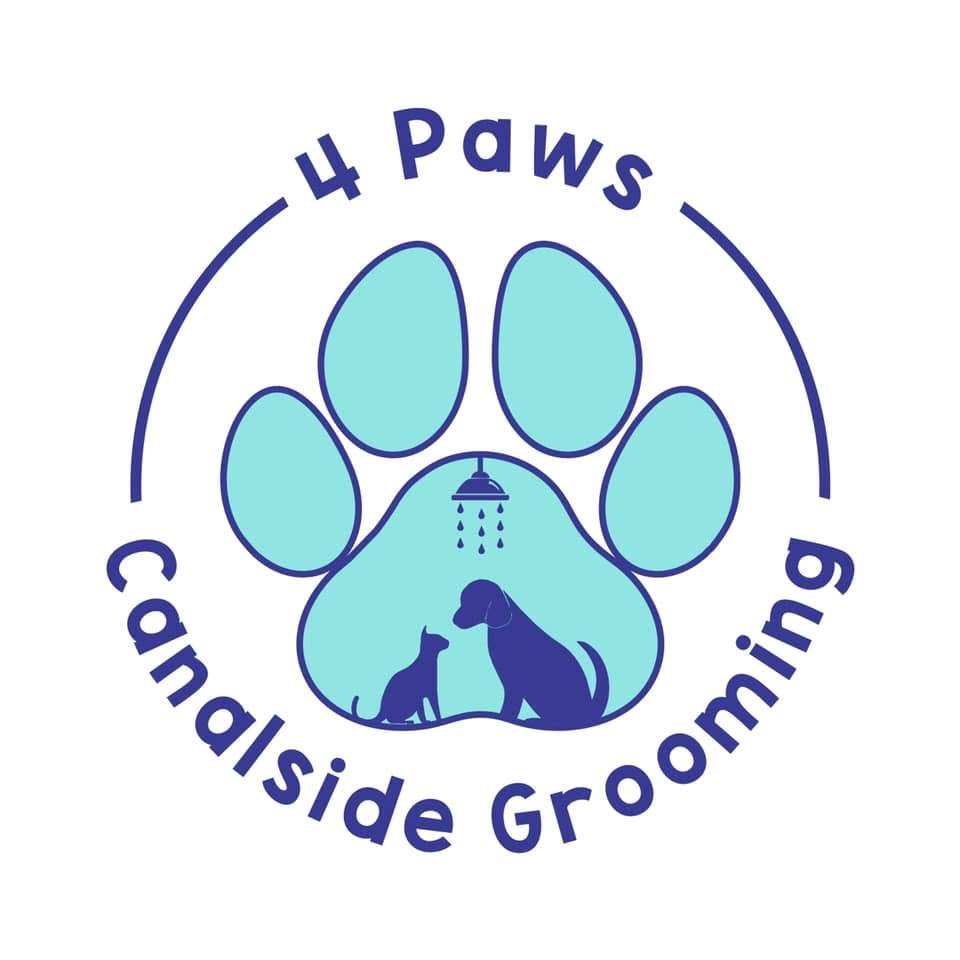 A circular logo featuring a large blue paw print with a light blue center, a dog and cat silhouette, and the words '4 Paws Canalside Grooming' in blue on a white background.