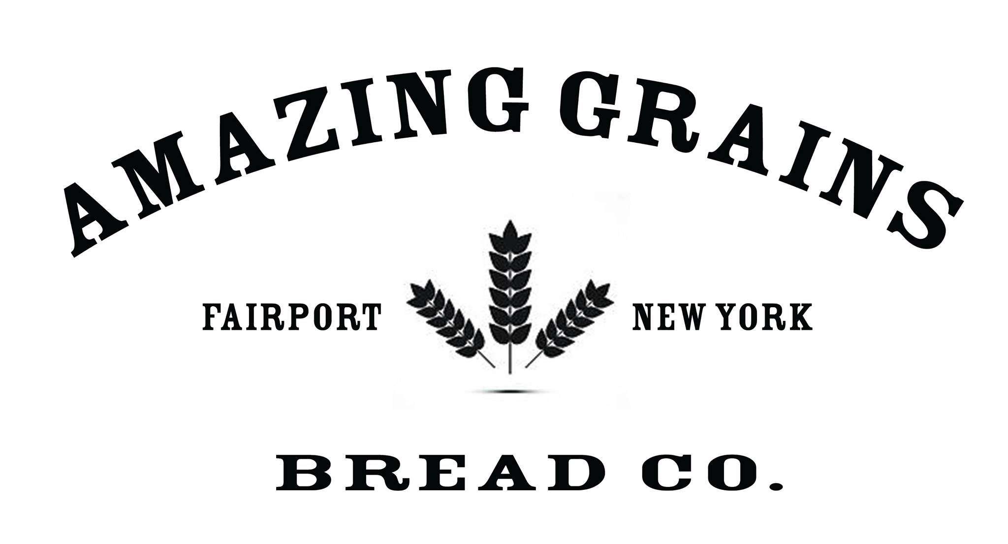 Black vintage-style logo text reading 'AMAZING GRAINS' arched over 'FAIRPORT NEW YORK' and 'BREAD CO.' with wheat stalk illustrations on a white background.
