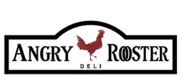 Angry Roster Deli logo featuring a red rooster silhouette between black text on a white arched sign with a black border.