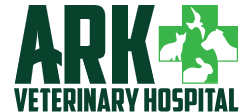Ark Veterinary Hospital logo with large dark green 'ARK' text, a green cross containing white silhouettes of animals, and 'VETERINARY HOSPITAL' in dark green below on a white background.