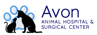 Avon Animal Hospital & Surgical Center logo with a blue paw print outline, black cat and dog silhouettes, and dark blue text on a white background.
