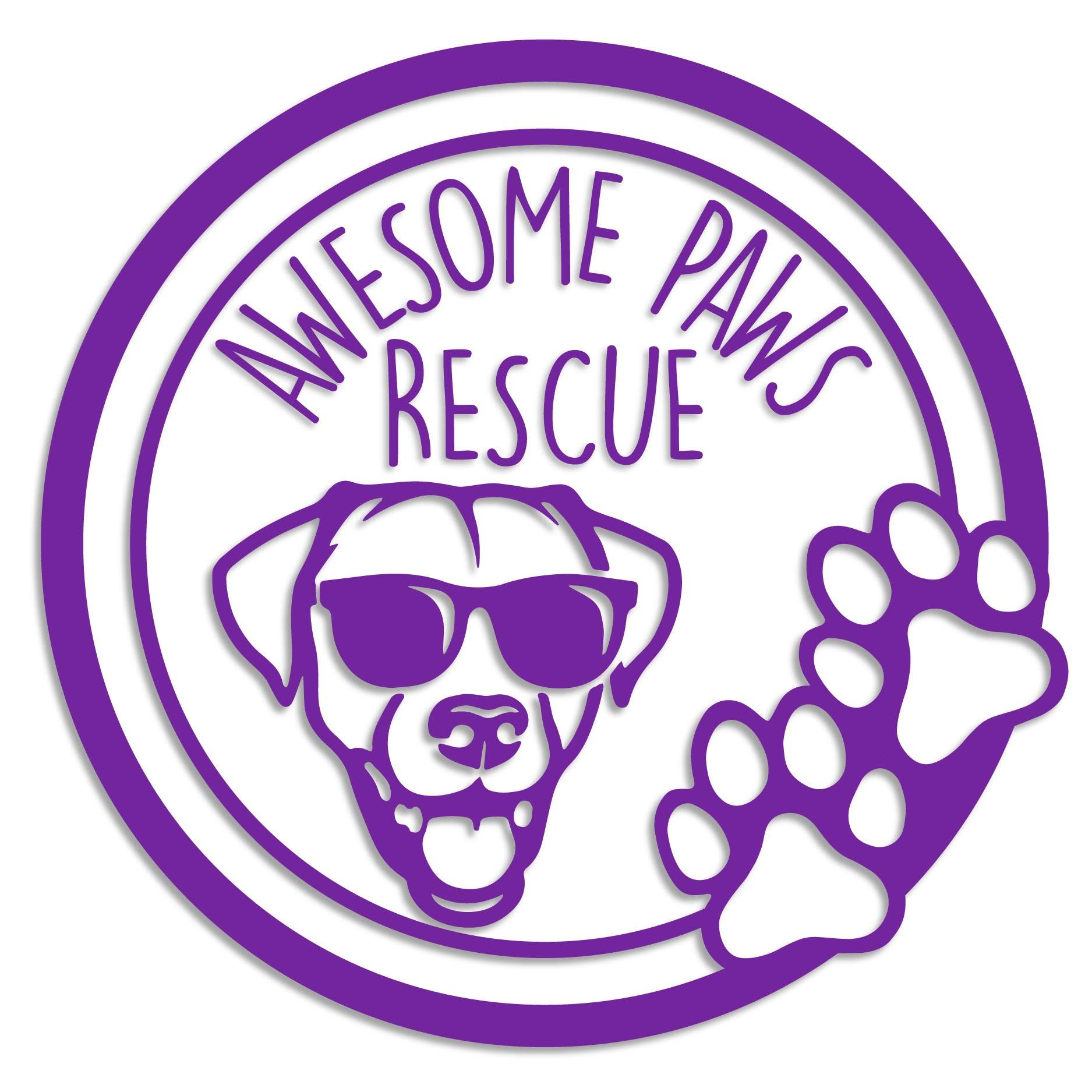 A circular purple graphic with the words “AWESOME PAWS RESCUE” above a stylized dog face wearing sunglasses and a paw print, shown on a white background.