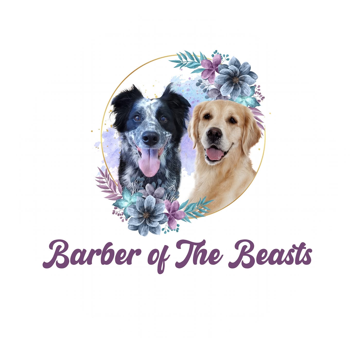 A circular logo featuring two dogs, a black-and-white dog on the left and a golden retriever on the right, surrounded by watercolor flowers in purple, blue, and green. Below the circle, the text 'Barber of The Beasts' appears in purple script on a plain white background.
