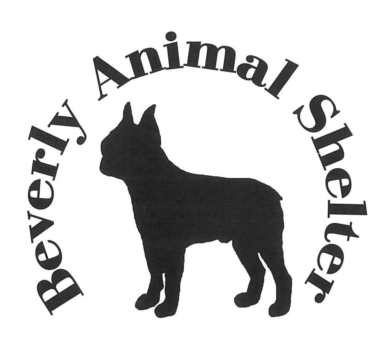 A black silhouette of a French bulldog centered inside an oval outline, with the words 'Beverly Animal Shelter' curved around it on a plain white background.