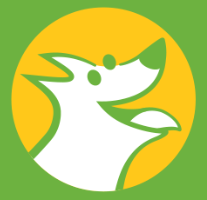 A stylized white dog head outline with green accents inside a yellow circle on a green background.