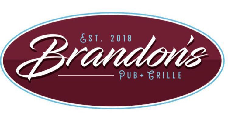 A maroon oval restaurant logo with white script reading 'Brandon's' and smaller text 'Pub + Grille' and 'Est. 2018' on a white background.