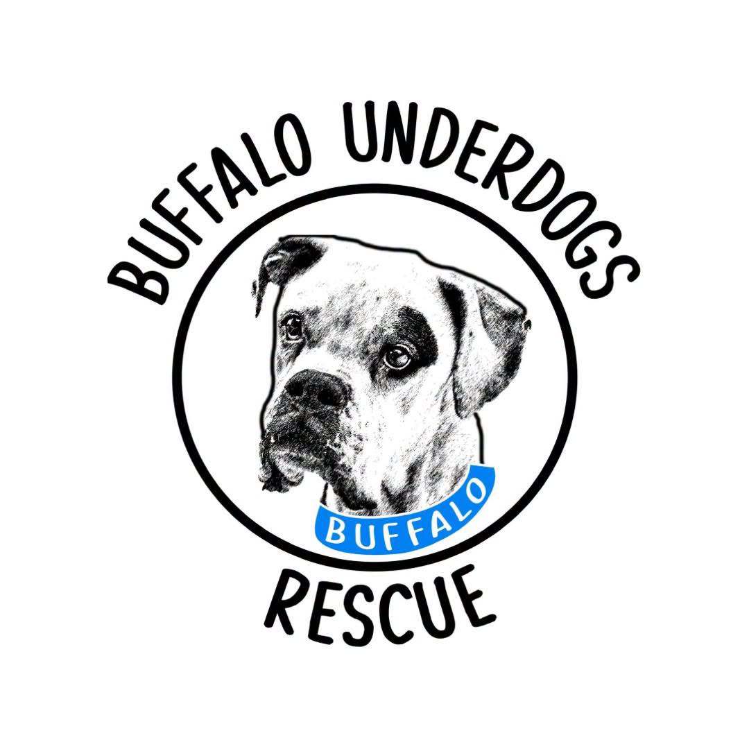 A circular black-and-white dog portrait with the words 'BUFFALO UNDERDOGS' arched above and 'RESCUE' below, plus a blue banner reading 'BUFFALO' around the dog's neck, on a white background.