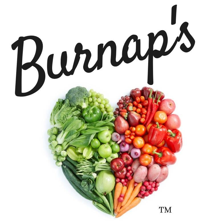 The logo for Burnap's features the brand name in black script above a heart-shaped arrangement of colorful fruits and vegetables, including green apples, red bell peppers, oranges, and carrots, on a solid white background.