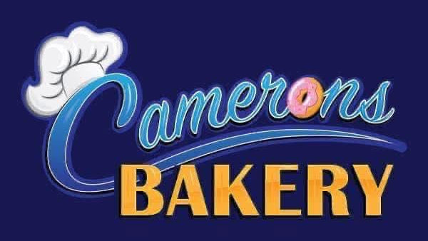 A bakery logo on a dark blue background, featuring a white chef's hat, the word 'Cameron's' in stylized blue script with a pink donut for the letter 'o', and 'BAKERY' in large yellow block letters.