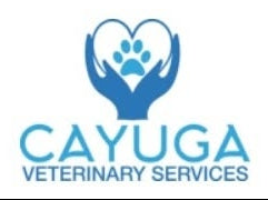 Cayuga Veterinary Services logo featuring blue hands holding a heart-shaped outline with a paw print inside, above the text 'CAYUGA VETERINARY SERVICES' on a white background.
