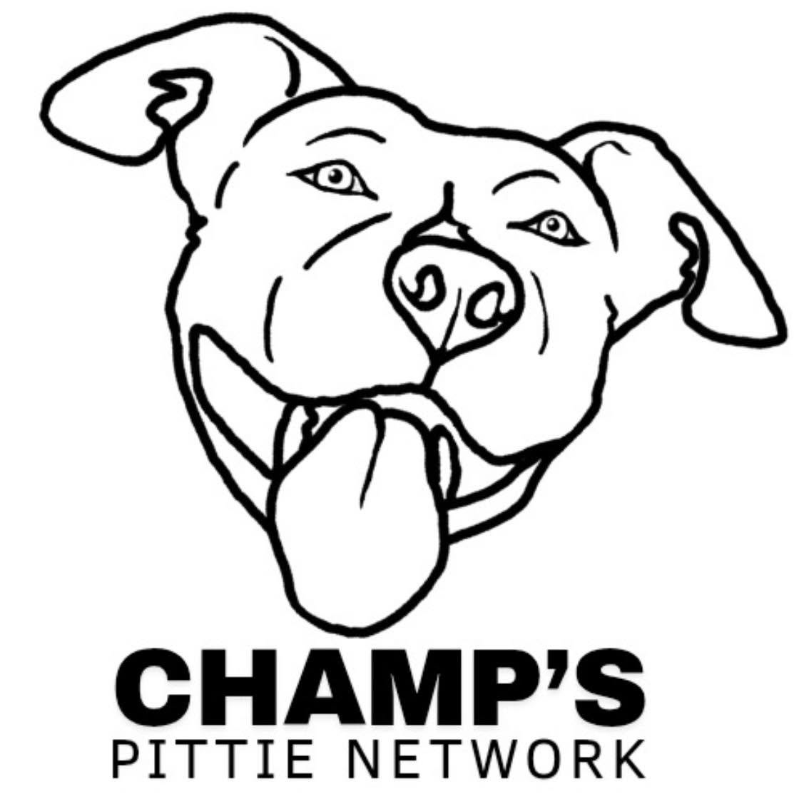 Black and white line art logo of a pitbull-type dog head with the text 'CHAMP'S PITTIE NETWORK' underneath on a white background.