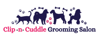 Logo with the words Clip-n-Cuddle in pink and Grooming Salon in dark blue below in profile dark blue silhouettes of a cat, a husky, a schnauzer, and a poodle with dog bones and paw prints.