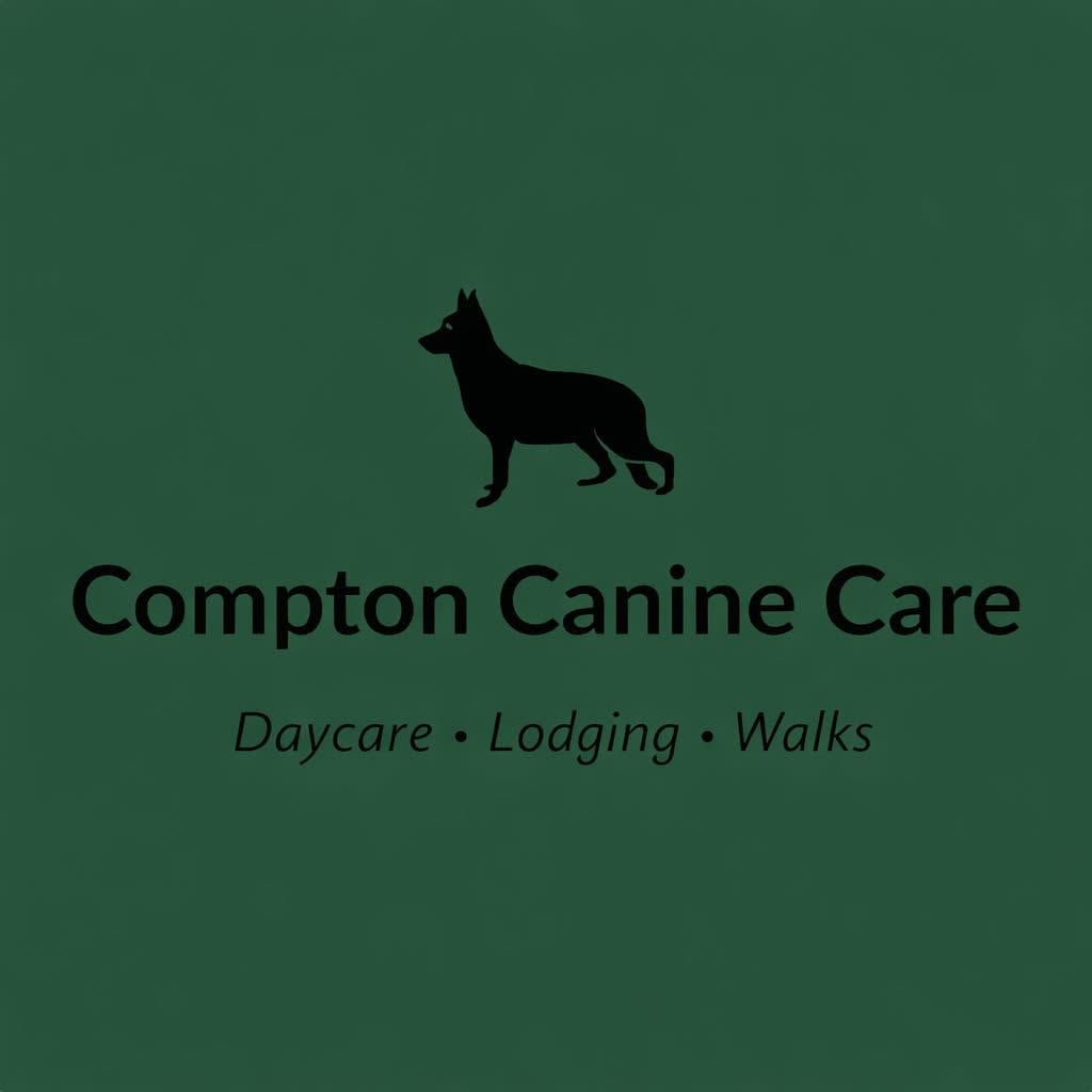 A dark green square graphic with a black silhouette of a dog above the text 'Compton Canine Care' and smaller text 'Daycare • Lodging • Walks'.