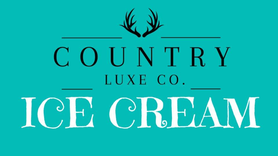 A teal square graphic with the words 'COUNTRY LUXE CO.' in black serif text under antlers and 'ICE CREAM' in large white serif letters.
