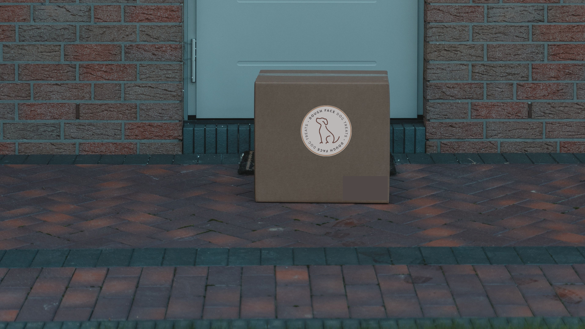 A brown cardboard box with a circular white dog silhouette logo sits on a brick patio in front of a blue door and brick wall.