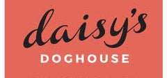 A coral-red label or sign featuring the text 'daisy's DOGHOUSE' in black and white.