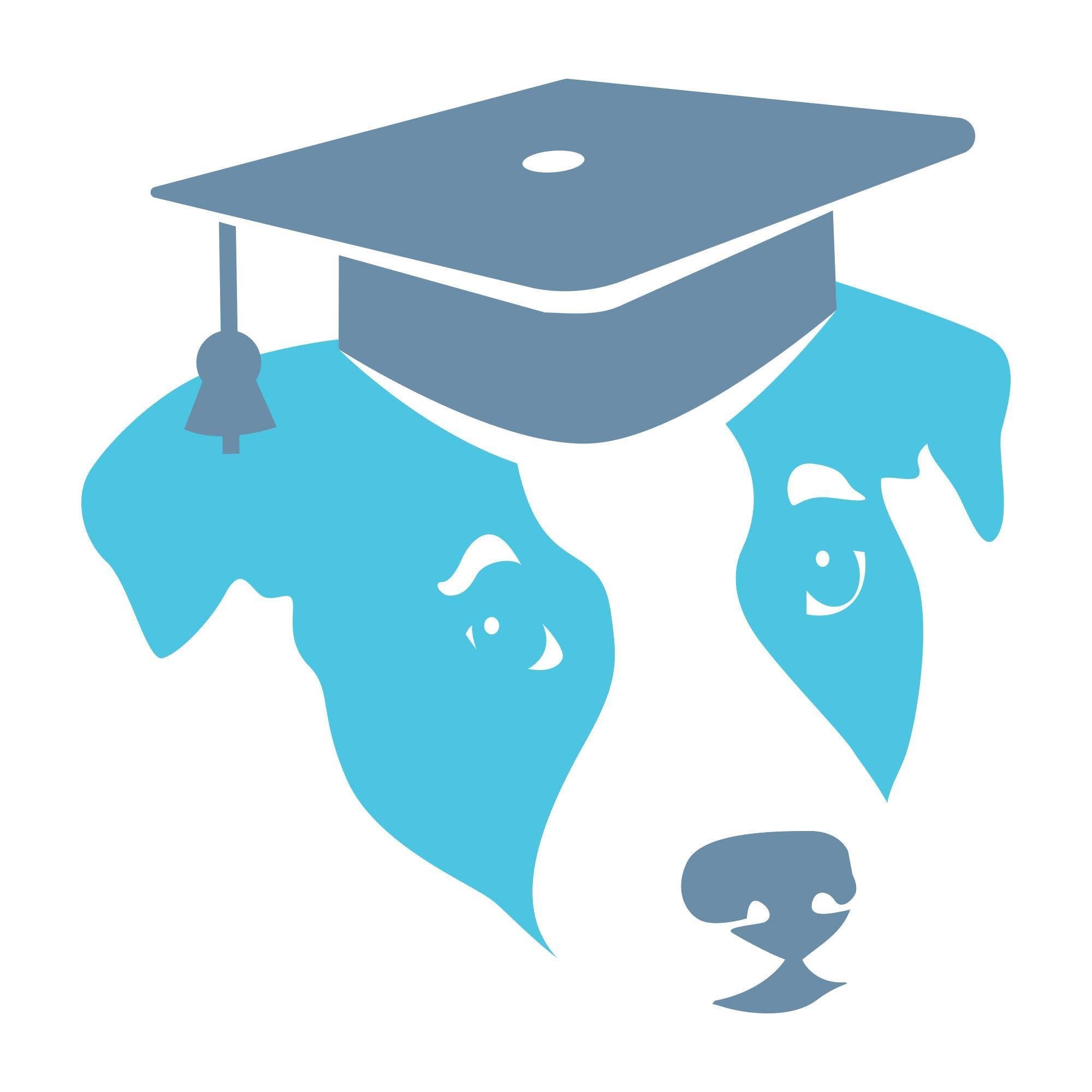 A stylized illustration of a graduation cap above a white and light blue dog face silhouette, on a plain white background.