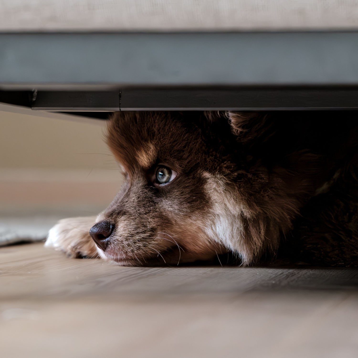 Dog peeking out from under a bed