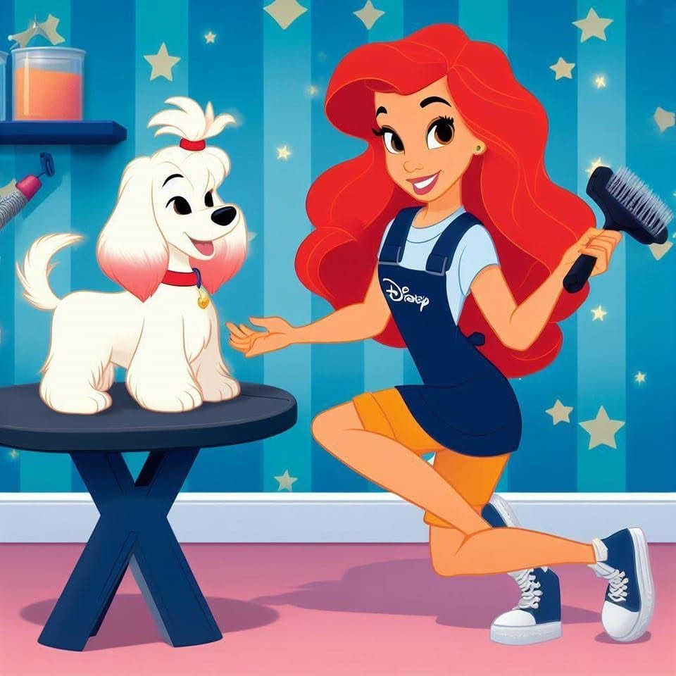 Disney style graphic of a red haired dog groomer in a blue apron with a brush in one hand and a white hairy dog on a blue table. The wallpaper in the background is blue stripes with gold stars.