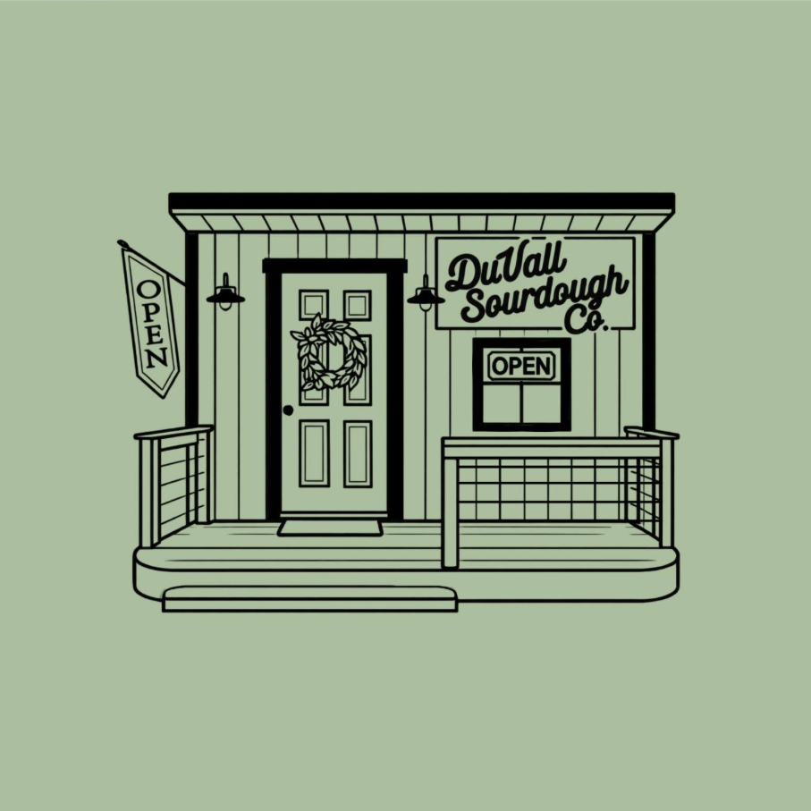 Line drawing rendition of the DuVall Sourdough Co. farm stand with an open flag, a wreath on the door, and an open sign in the windo.