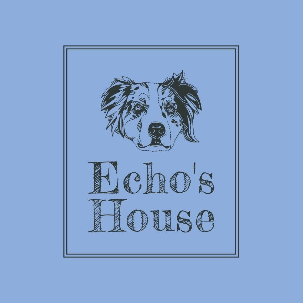 A square graphic on a light blue background featuring a black line-art illustration of a dog's face above the words 'Echo's House' in a textured serif font, all enclosed in a thin double border.