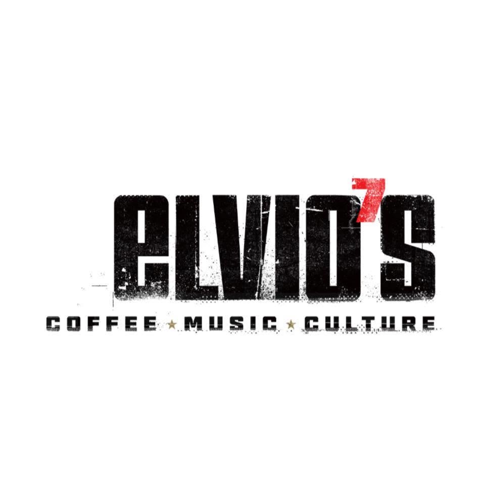 A graphic logo reading 'ELVIO'S' in large distressed black letters with a red '7' accent, and smaller text below reading 'COFFEE • MUSIC • CULTURE' on a plain white background.