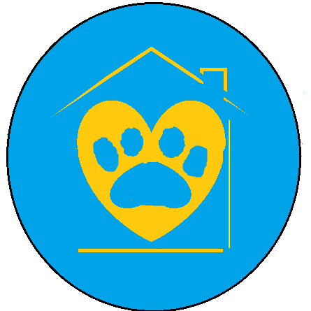 A circular blue graphic with a yellow house outline enclosing a yellow paw print, shown on a white background.