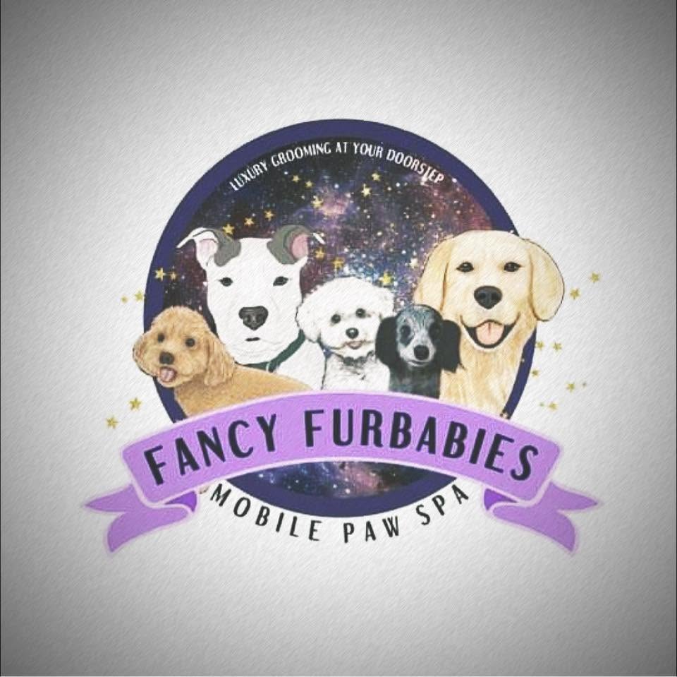 A circular logo for 'Fancy Furbabies Mobile Paw Spa' featuring four different dog breeds against a starry galaxy background, with a purple banner across the bottom.