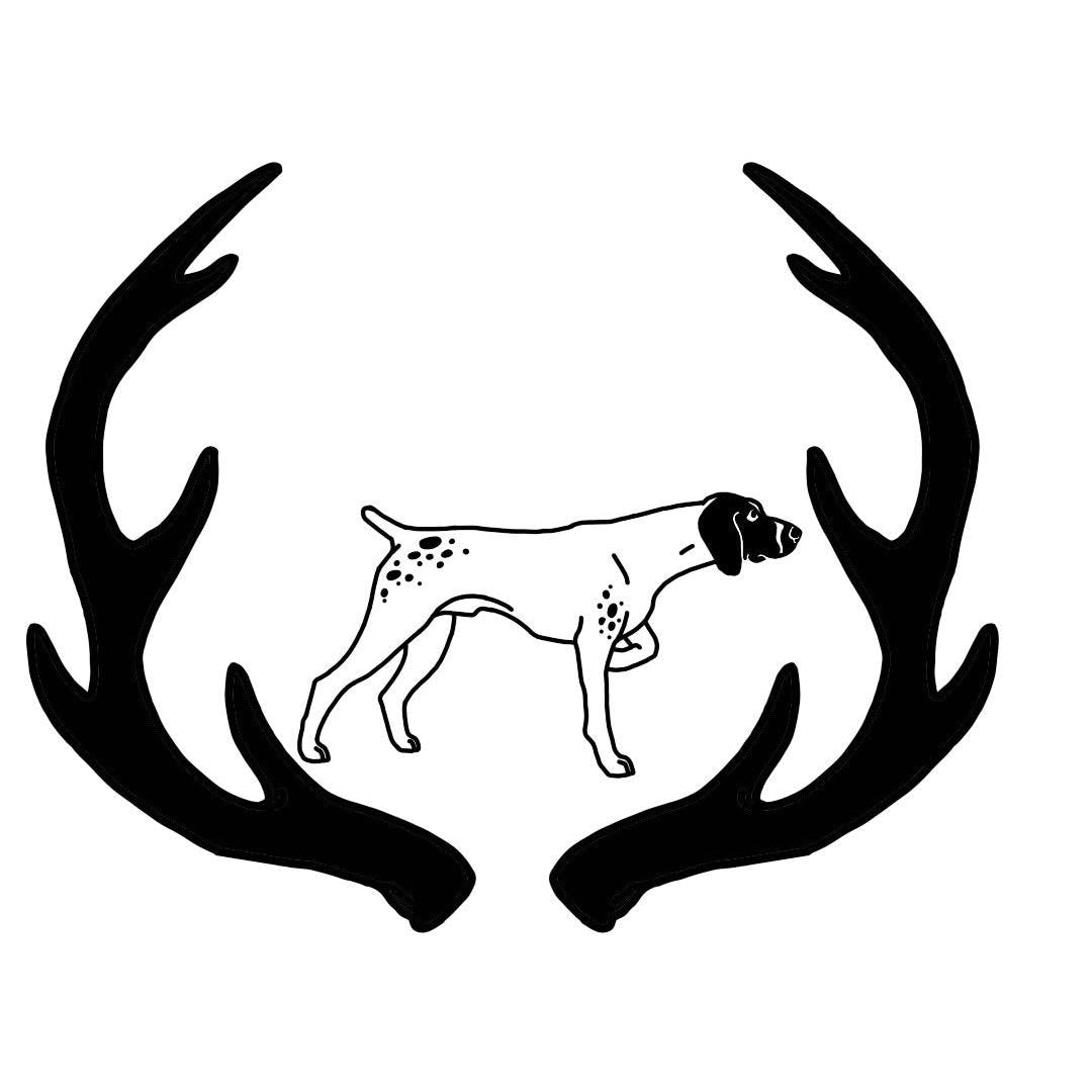 Black line art graphic of a hunting dog standing inside a large antler shape, centered on a plain white background.