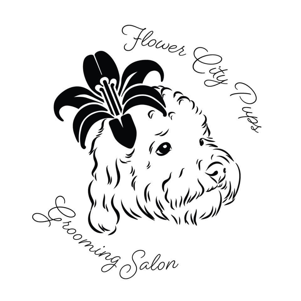 Black and white graphic design featuring a sketch of a fluffy doodle puppy wearing a large lily flower, with the text 'Flower City Pups' and 'Grooming Salon' written in cursive script.