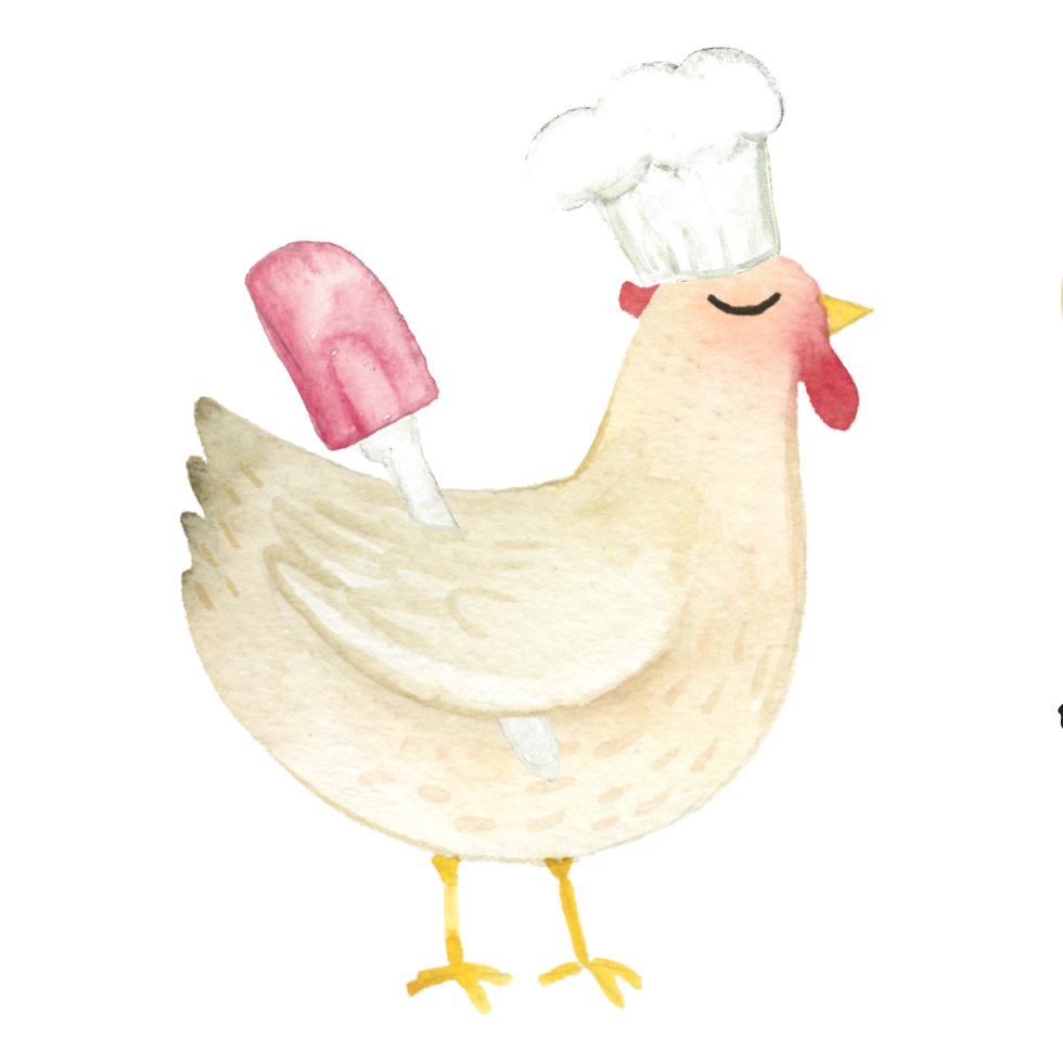 Watercolor illustration of a chicken wearing a white chef's hat and holding a pink spatula, on a plain white background.