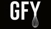 White 'G FY' lettering with a whisk icon on a solid black background.