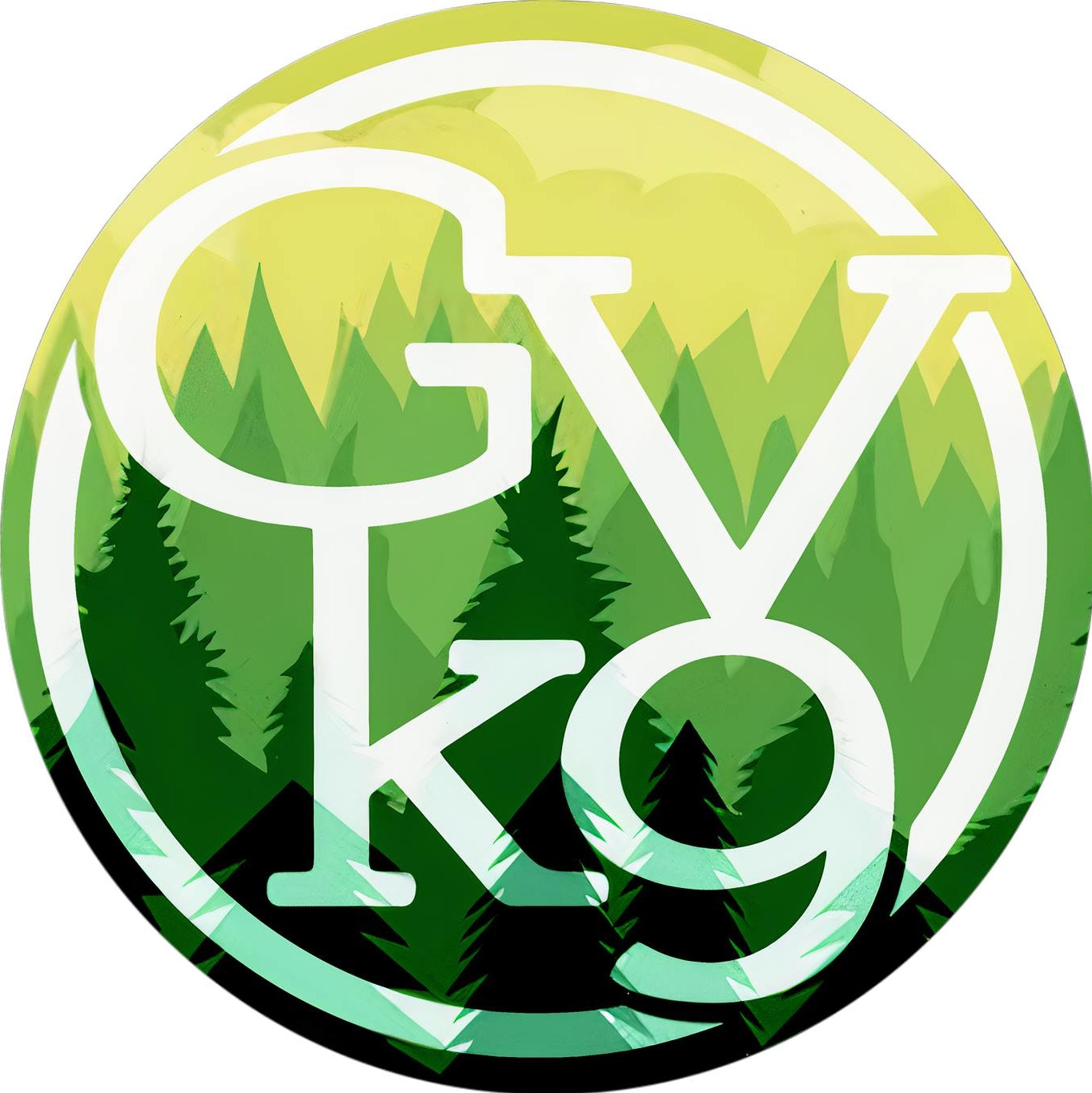 A circular graphic featuring the letters 'G' and 'V' above 'k9', overlaid on a stylized green forest scene with layered pine trees and a yellow-green sky. The design is centered on a white background.