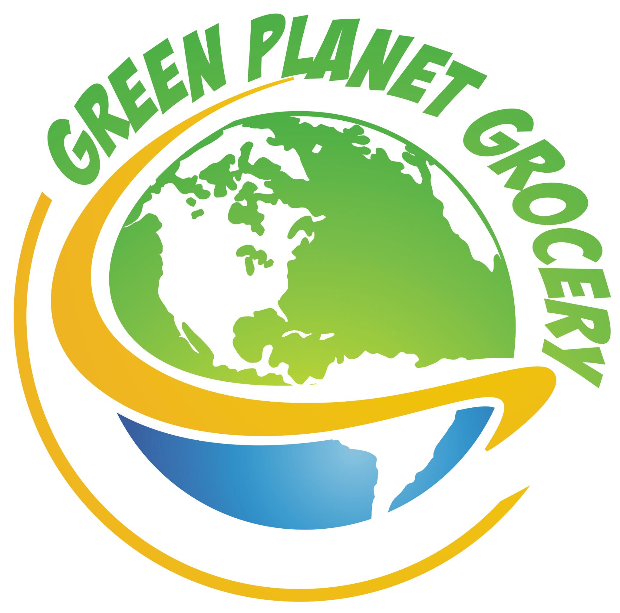 A circular logo for Green Planet Grocery featuring a green globe with North America visible, a blue ocean shape, and yellow curved swooshes on a white background.
