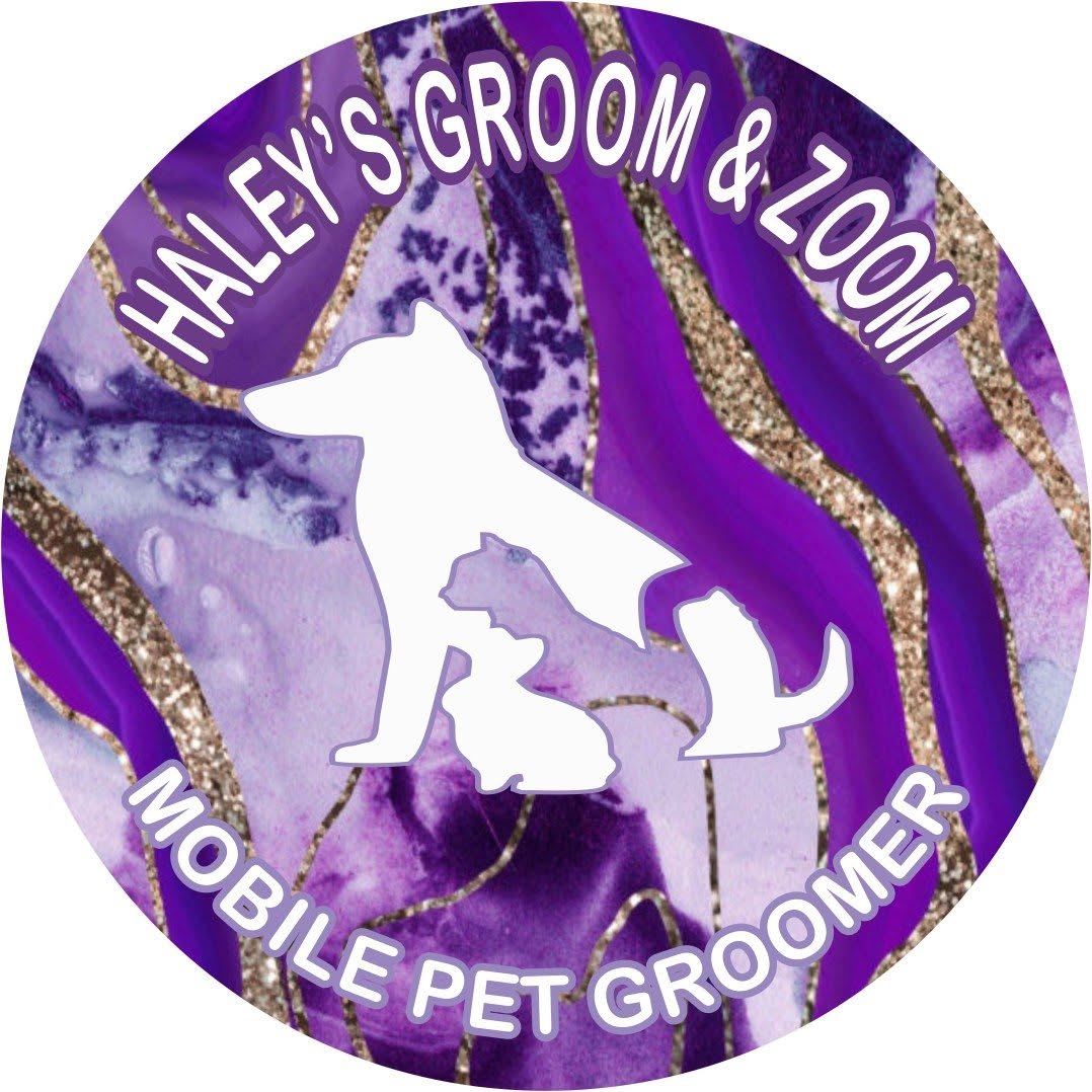 A circular graphic with a purple marbled and glitter background, featuring white silhouettes of a dog, cat, and rabbit, with the text 'HALEY'S GROOM & ZOOM' and 'MOBILE PET GROOMER'.