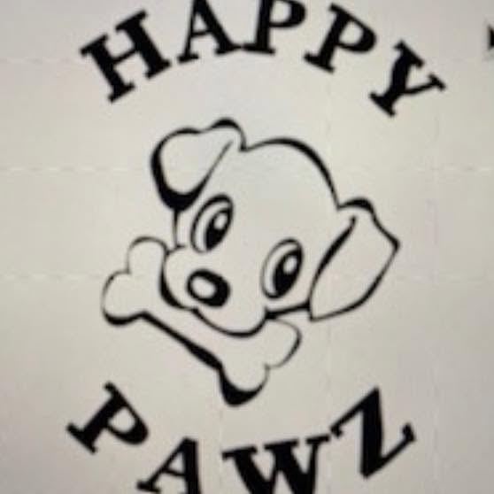 A black cartoon puppy face with a bone and the words 'HAPPY PAWZ' on a light background.