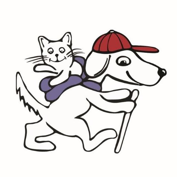 A cartoon-style illustration of a white dog wearing a red cap and carrying a white cat on its back in a purple backpack, on a plain white background.