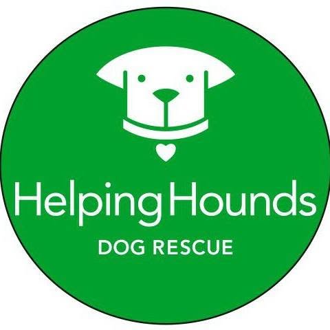 A circular green logo featuring a white dog silhouette, a small heart, and the text 'Helping Hounds DOG RESCUE' in white on a white background.