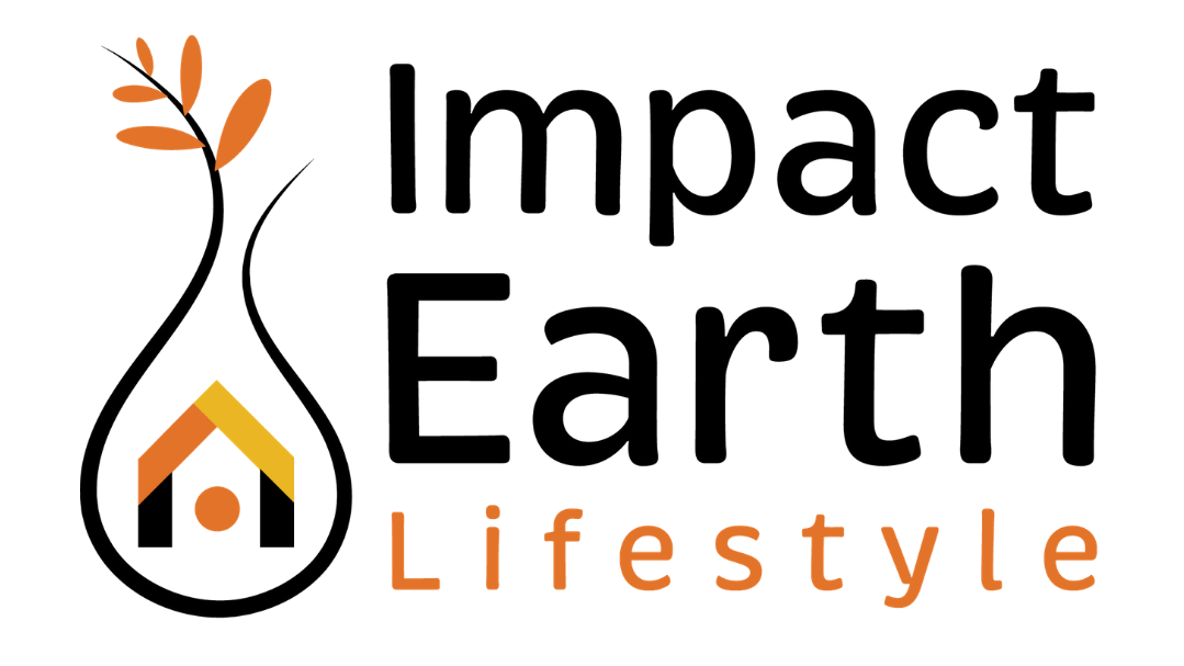 The logo for 'Impact Earth Lifestyle' on a plain white background, featuring a stylized pear-shaped outline with a house inside and orange leaves sprouting from the top, alongside the brand name in black and orange text.