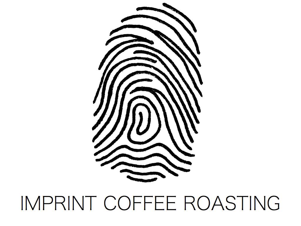 A black thumbprint on white background with the words IMPRINT COFFEE ROASTING in black capital letters underneath.