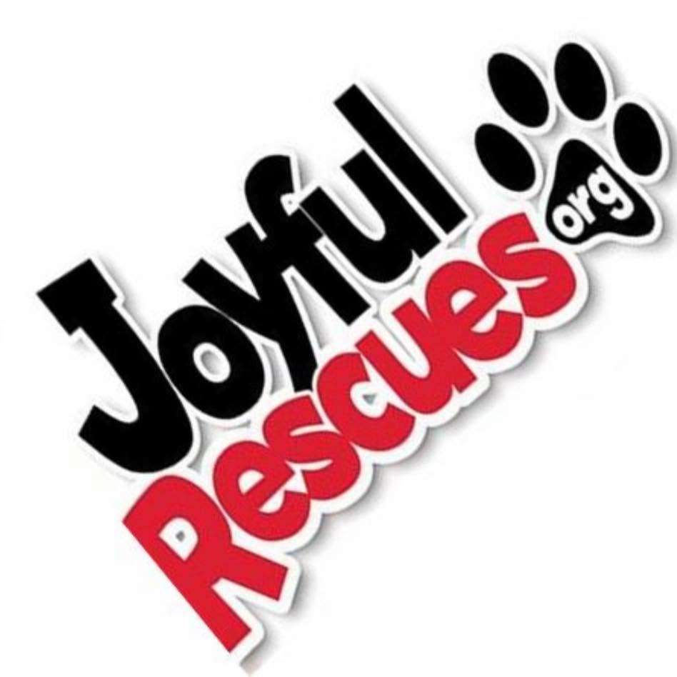 A die-cut sticker featuring the text 'Joyful Rescues org' in black and red stylized lettering with a white outline and a black paw print, shown on a plain white background.