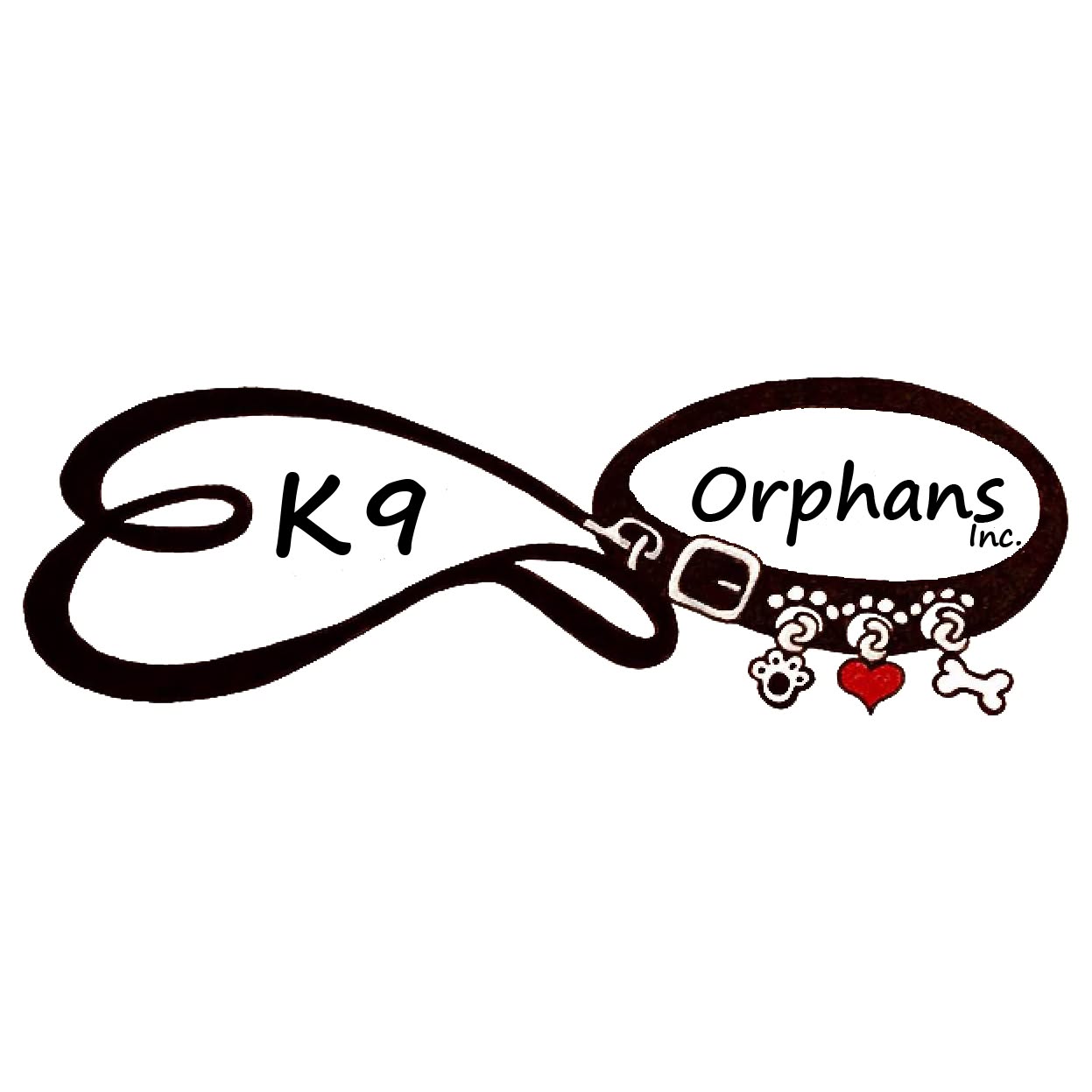 A black infinity-shaped leash and collar design with the words 'K9 Orphans Inc.' inside the loop, plus small decorative paw prints, a bone, and a red heart charms on a white background.
