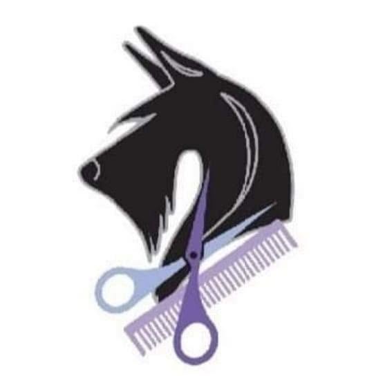 A stylized black dog head silhouette with a purple comb and matching purple scissors layered in front, on a plain white background.