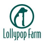 Lollypop Farm logo featuring a dark green circular emblem with a stylized dog and cat silhouette above the brand name 'Lollypop Farm' in dark green text on a white background.