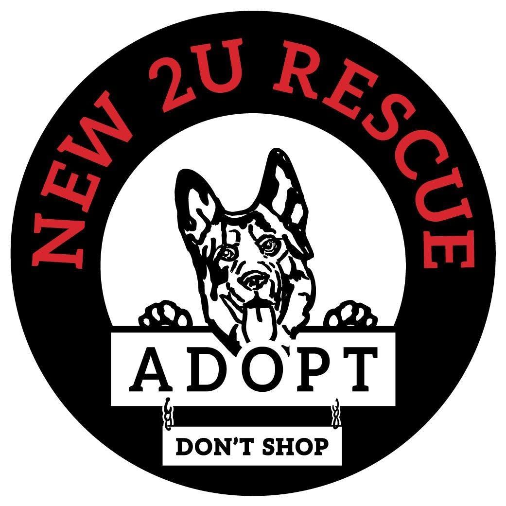 A circular black and white graphic with red text reading 'NEW 2U RESCUE' around the top, a black-and-white dog illustration in the center, and white banners reading 'ADOPT' and 'DON'T SHOP' at the bottom.