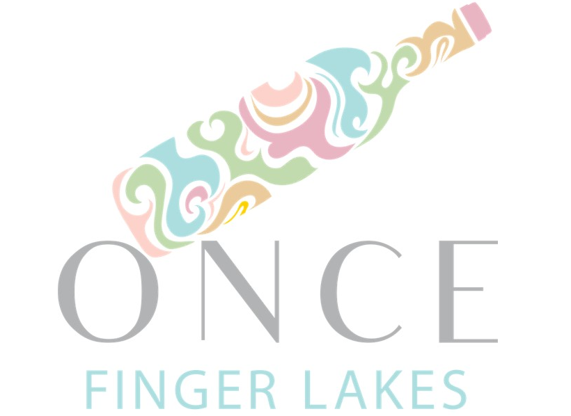 A stylized multicolor abstract bottle graphic above the words 'ONCE FINGER LAKES' in gray and light blue text on a white background.