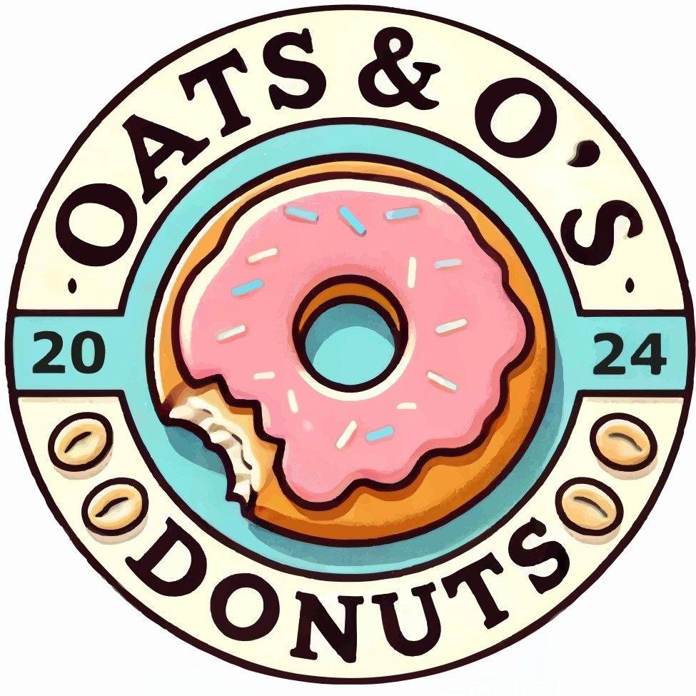A circular illustrated logo for Oats & O's Donuts, featuring a pink-frosted donut with sprinkles and a bite taken out, centered on a cream and aqua background with the text 'OATS & O'S DONUTS' and '20 24'.