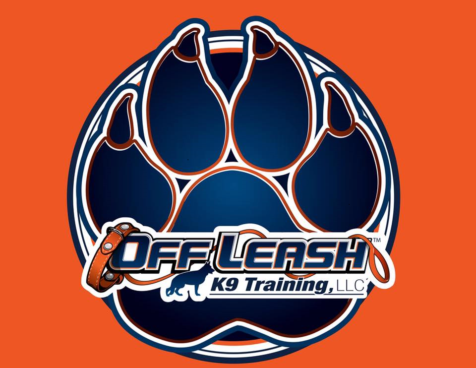 A circular logo featuring a large dark blue paw print with white and orange outlines, and the words 'Off Leash K9 Training, LLC' across the bottom, set on a solid orange background.