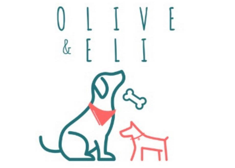 Olive & Eli dog bandana logo featuring teal and coral line art of a sitting dog, a small dog, a bone, and the brand name on a white background.
