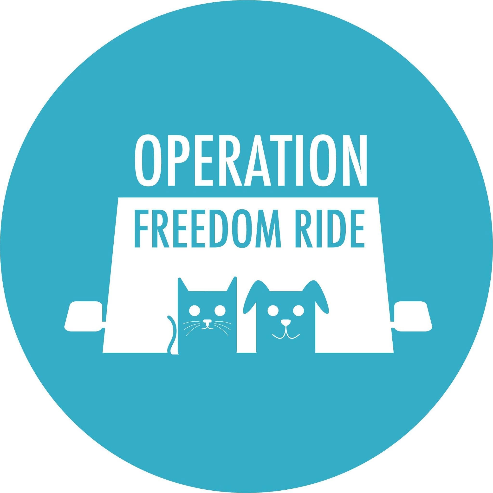 A circular teal graphic with the words 'OPERATION FREEDOM RIDE' above a white car hood and two simple cat and dog faces peeking out.